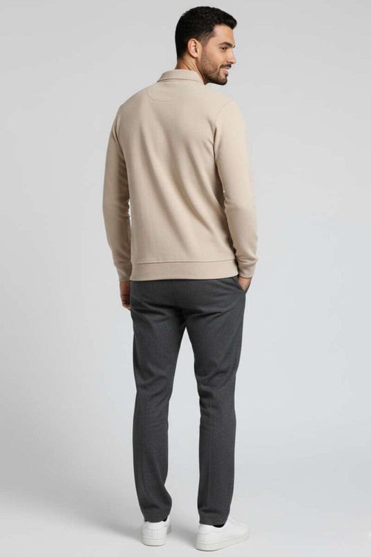 Men's Polo Collar Button-Down Sweatshirt, Beige