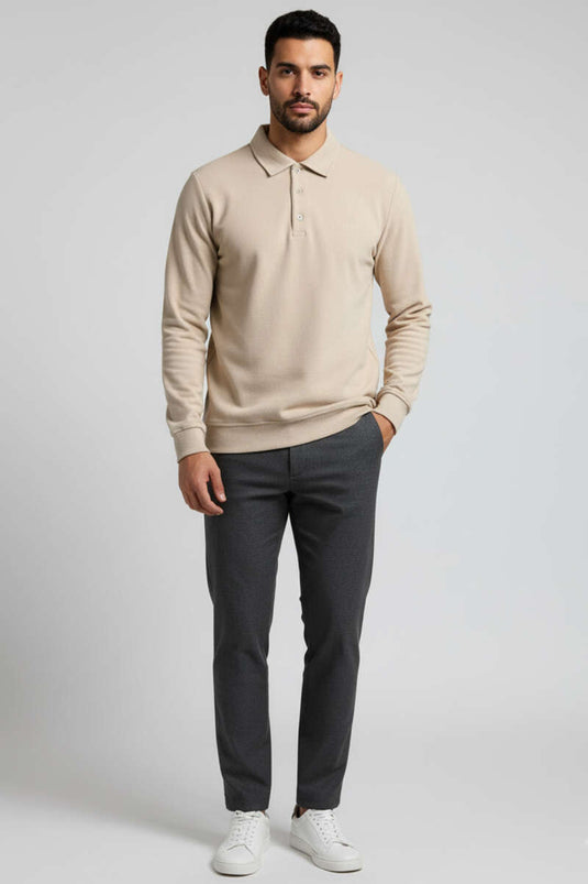 Men's Polo Collar Button-Down Sweatshirt, Beige