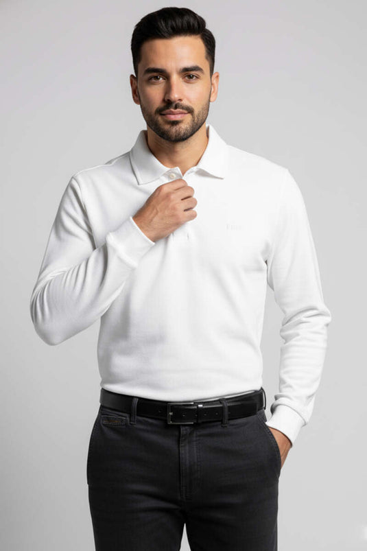 سويت شيرت رجالي بياقة بولو وأزرار أمامية، لون بيج فاتح