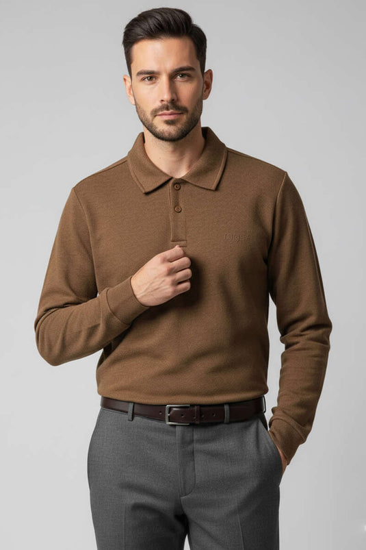 Herren-Sweatshirt mit Polokragen und Knopfleiste, Braun