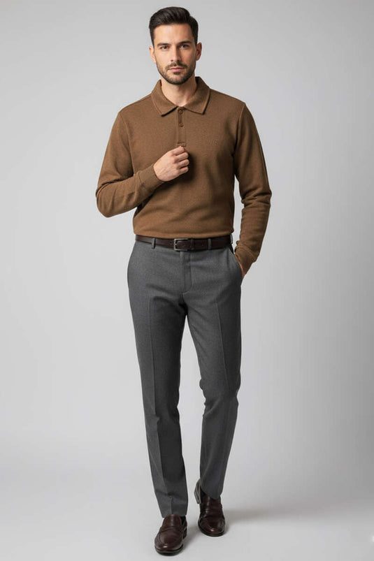 Men's Polo Collar Button-Down Sweatshirt, Brown