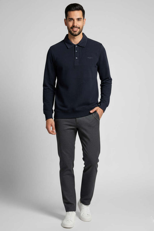 Men's Polo Collar Button-Down Sweatshirt Navy Blue
