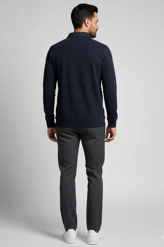 Men's Polo Collar Button-Down Sweatshirt Navy Blue