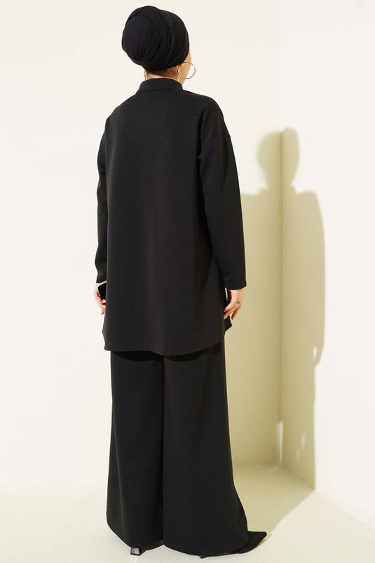 Polo Yaka Düğmeli İkili Takım Siyah