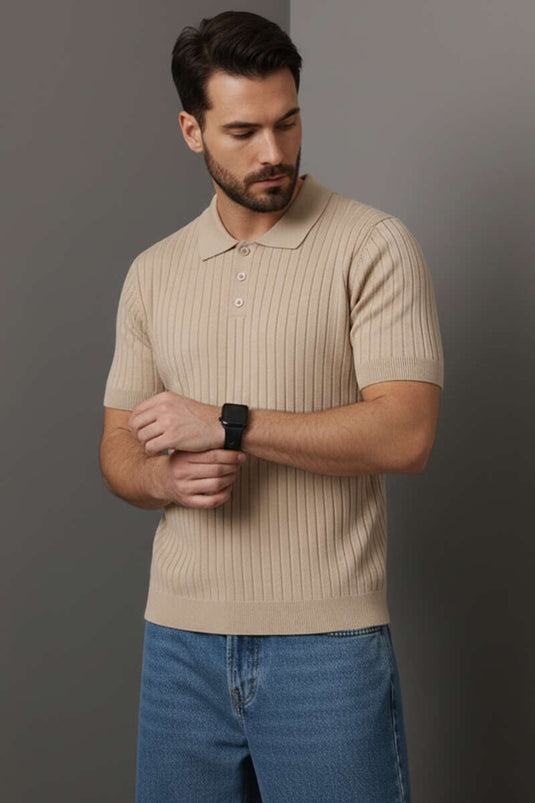 Polo Collar Buttoned Mercerized T-Shirt Beige