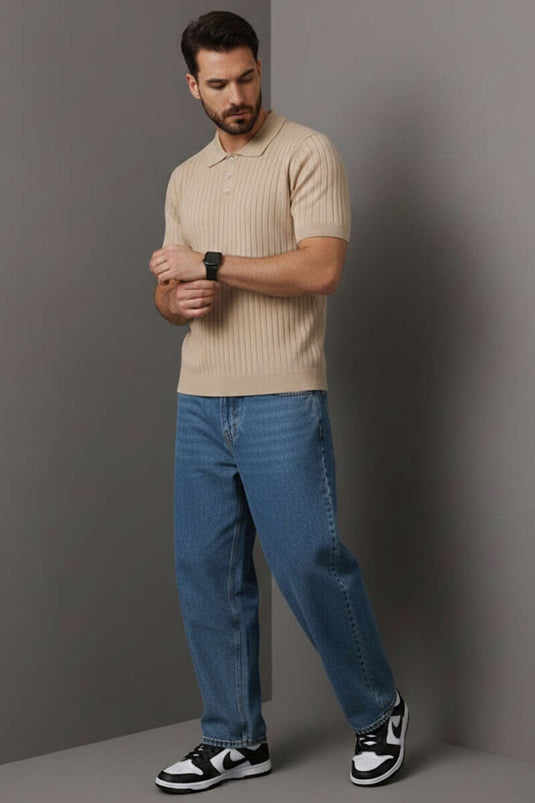 Polo Collar Buttoned Mercerized T-Shirt Beige