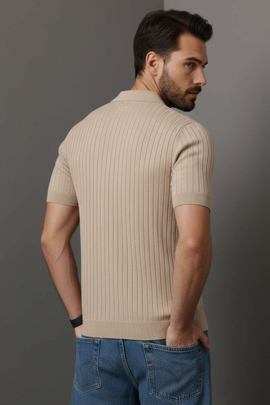 Polo Collar Buttoned Mercerized T-Shirt Beige