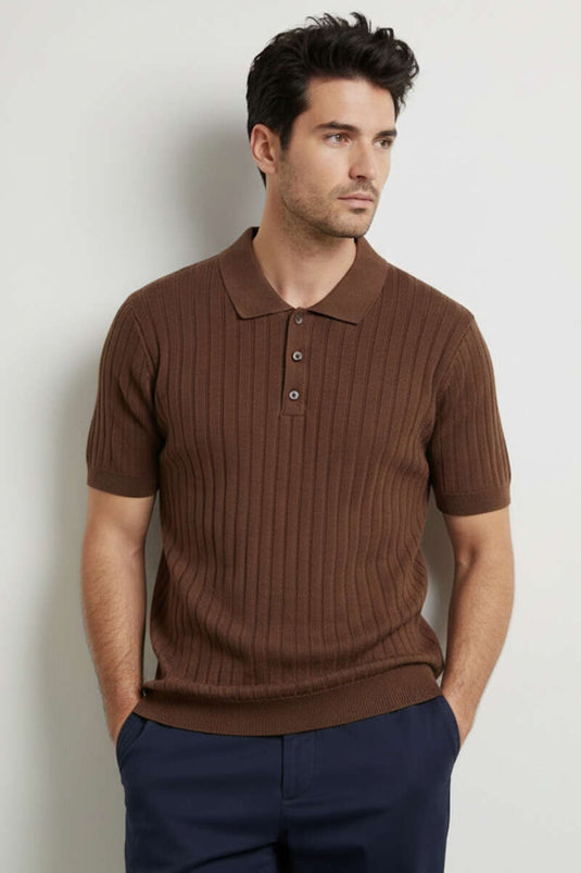 Buttoned Polo Collar Mercerized T-Shirt Coffee