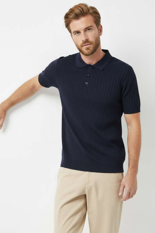 Polo Collar Buttoned Mercerized T-Shirt Navy Blue