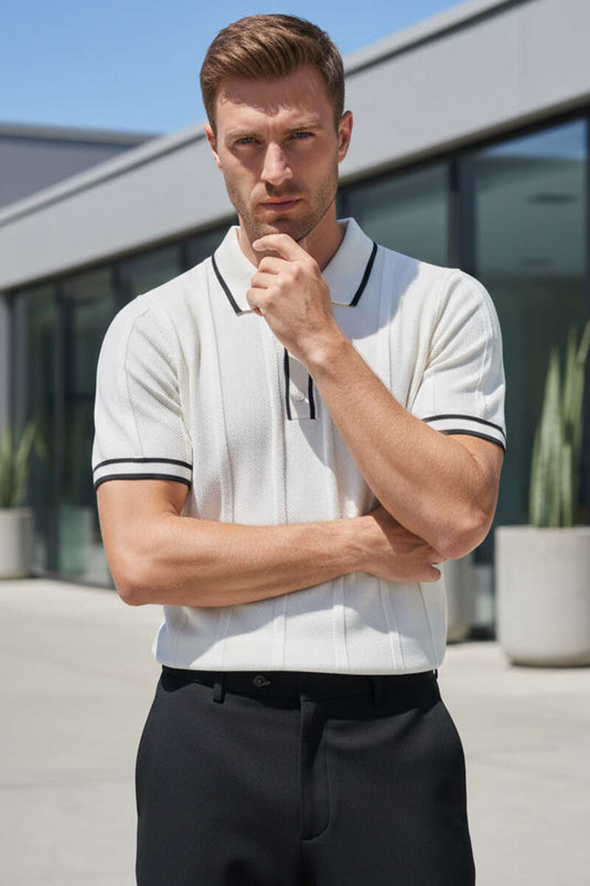 T-shirt homme en maille crème à col polo boutonné