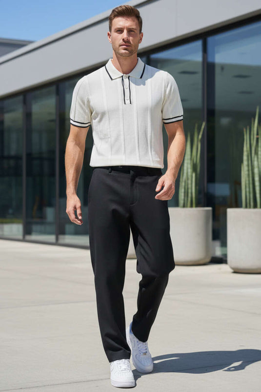T-shirt homme en maille crème à col polo boutonné