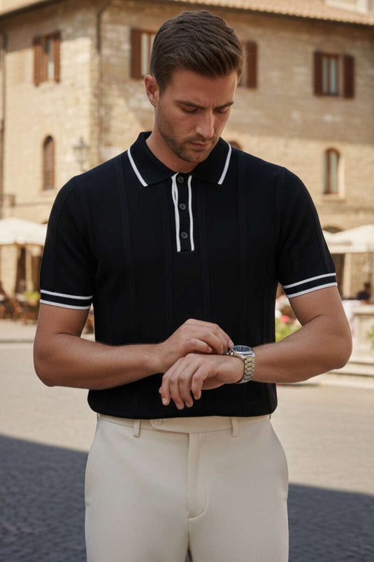 T-shirt homme en maille à col polo avec boutons noir