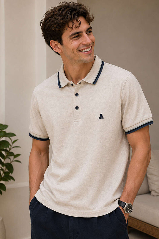T-shirt homme beige à col polo avec boutons et bord-côte