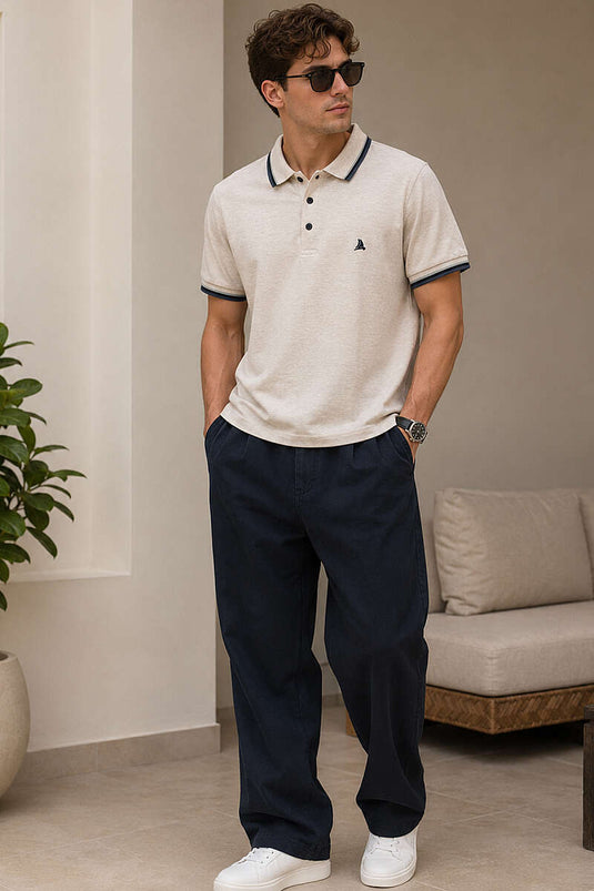 T-shirt homme beige à col polo avec boutons et bord-côte