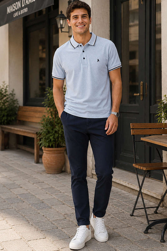 Polo-Kragen mit Knöpfen, geripptes Herren-T-Shirt, Blau