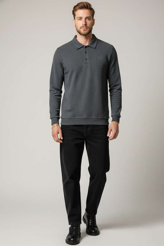 Polo Collar Buttoned Selanik Men's Sweatshirt Anthracite
