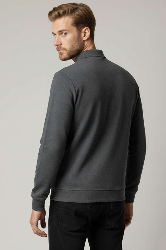 Polo Collar Buttoned Selanik Men's Sweatshirt Anthracite