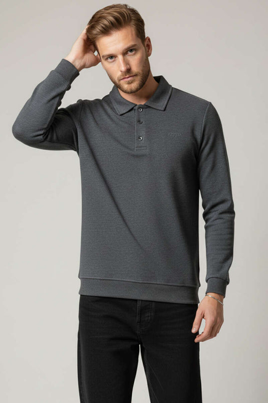 Polo Collar Buttoned Selanik Men's Sweatshirt Anthracite