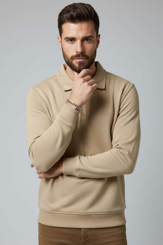 Sweat-shirt pour homme en molleton camel à col polo boutonné