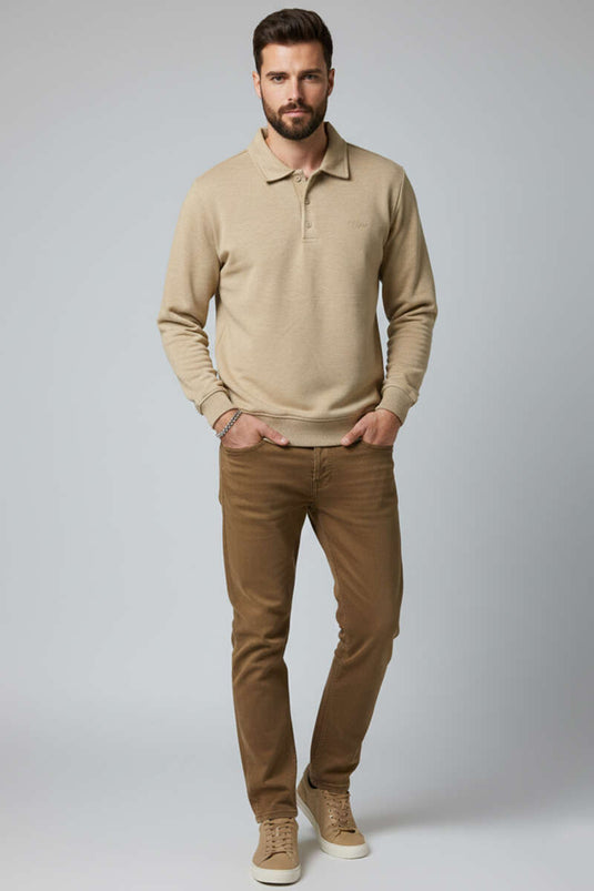 Sweat-shirt pour homme en molleton camel à col polo boutonné