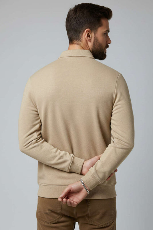 Sweat-shirt pour homme en molleton camel à col polo boutonné