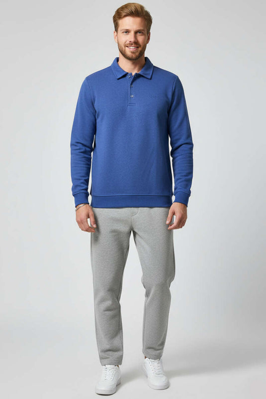 Sweat-shirt pour homme en molleton selanik indigo à col polo boutonné