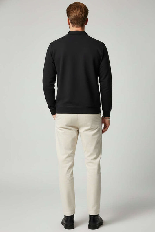 Polo Yaka Düğmeli Selanik Erkek Sweatshirt Siyah