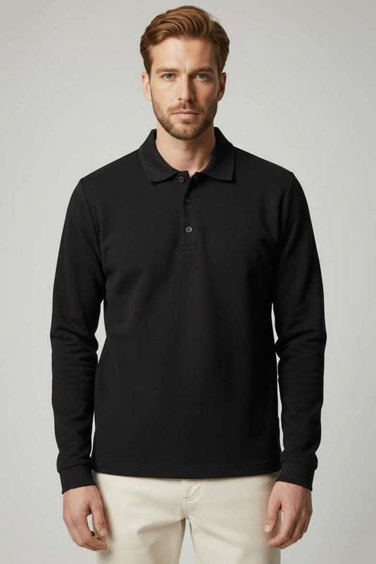 Polo Yaka Düğmeli Selanik Erkek Sweatshirt Siyah