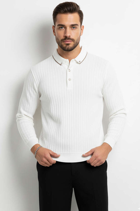 Polo Yaka Düğmeli Sweatshirt Ekru