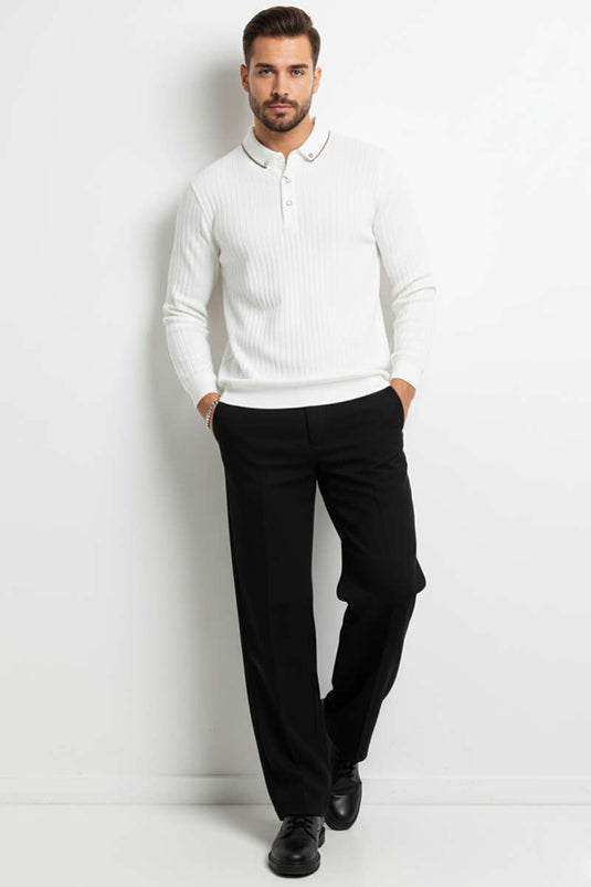 Polo Yaka Düğmeli Sweatshirt Ekru