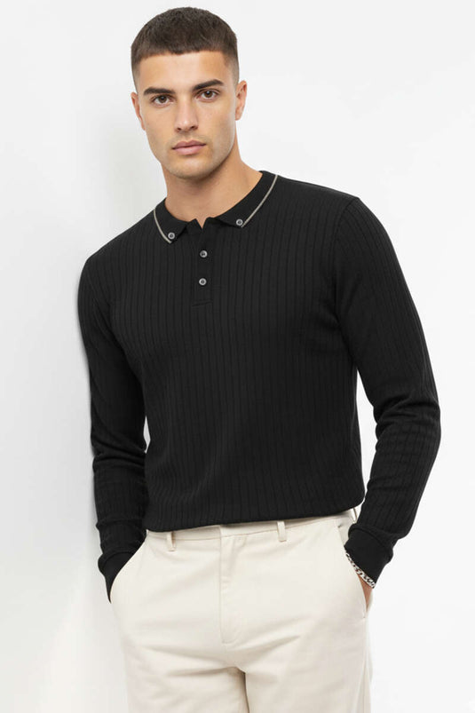 Sweat-shirt noir à col polo et boutons