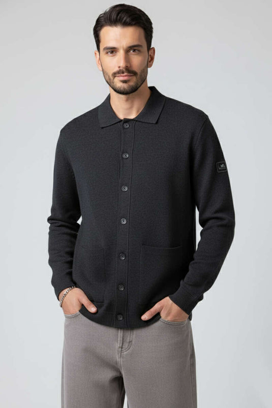 Polo Collar Buttoned Knit Men's Cardigan Anthracite