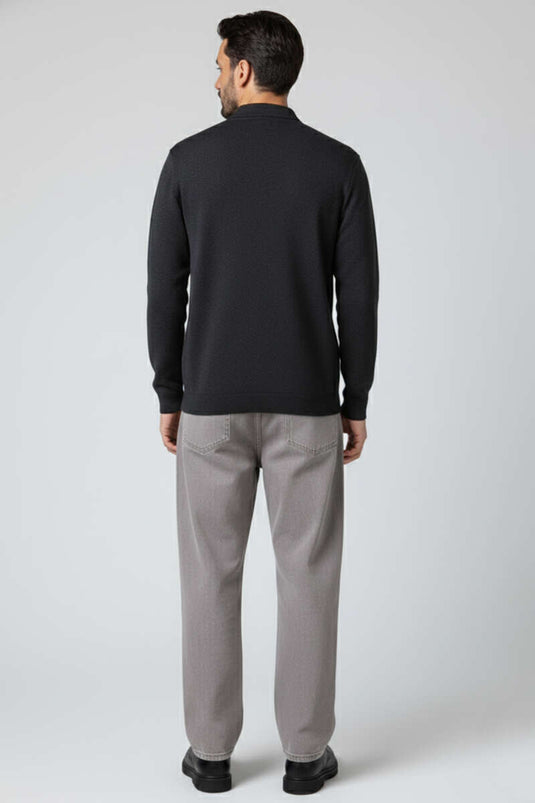 Polo Collar Buttoned Knit Men's Cardigan Anthracite