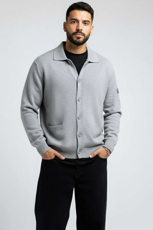 Men's Polo Collar Buttoned Knit Cardigan Grey