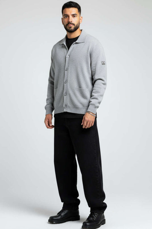Men's Polo Collar Buttoned Knit Cardigan Grey