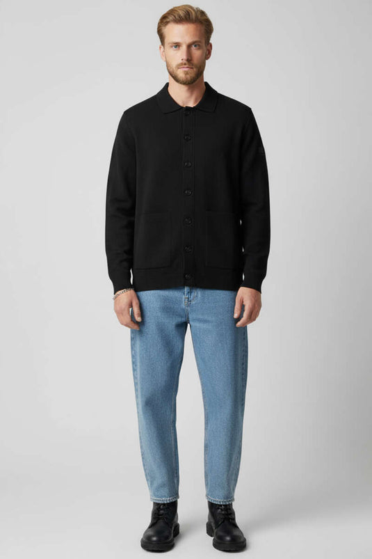 Men's Polo Collar Buttoned Knit Cardigan, Black