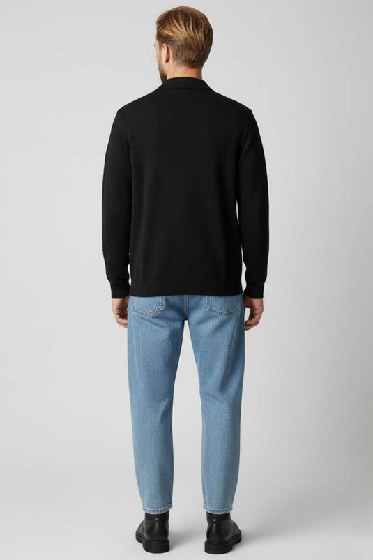 Men's Polo Collar Buttoned Knit Cardigan, Black