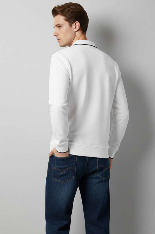Polo Collar Buttoned Long Sleeve Sweatshirt White