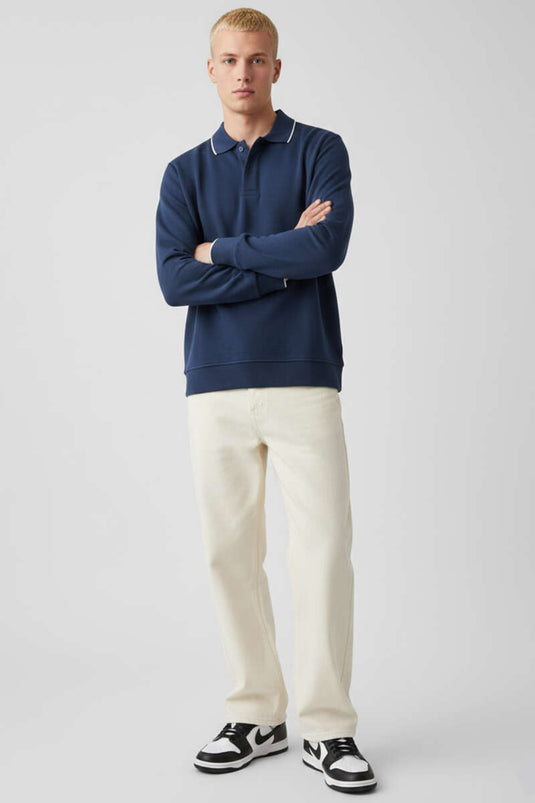 Polo Yaka Düğmeli Uzun Kol Sweatshirt Lacivert