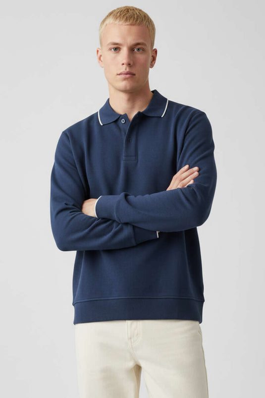 Polo Yaka Düğmeli Uzun Kol Sweatshirt Lacivert