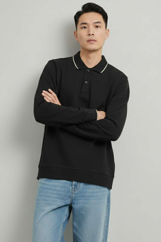 Polo Yaka Düğmeli Uzun Kol Sweatshirt Siyah