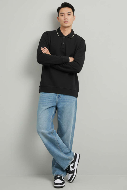 Polo Yaka Düğmeli Uzun Kol Sweatshirt Siyah