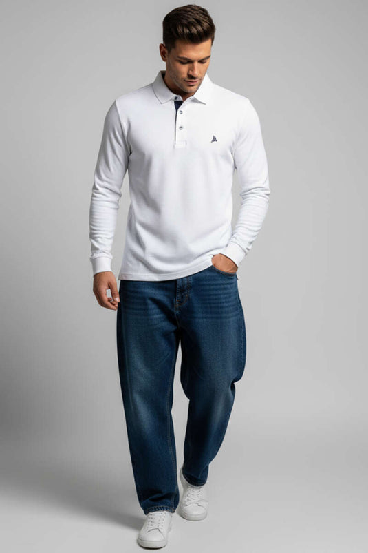 White Button-Down Polo Collar Waffle Sweatshirt