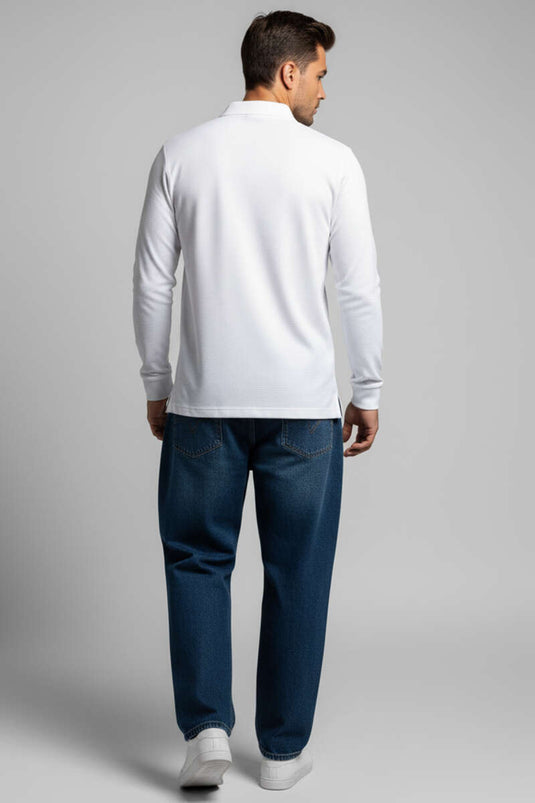 White Button-Down Polo Collar Waffle Sweatshirt