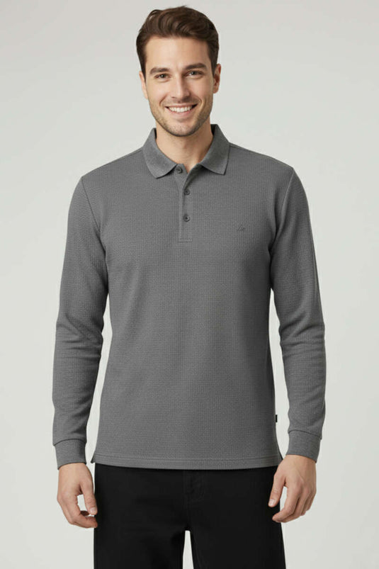 Polo Collar Button-Down Waffle Sweatshirt, Dark Gray