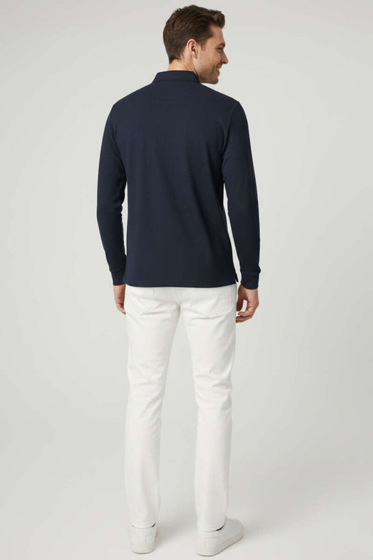 Navy Blue Button-Down Polo Collar Waffle Sweatshirt
