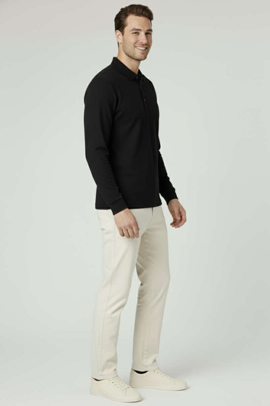 Polo Collar Button-Down Waffle Sweatshirt Black