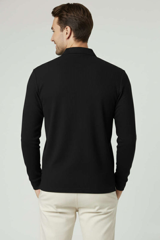 Polo Collar Button-Down Waffle Sweatshirt Black