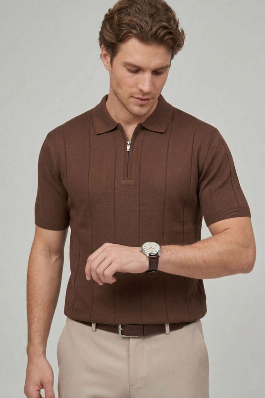 Polo-Kragen T-Shirt mit Reißverschluss-Detail aus mercerisierter Baumwolle, Kaffee-Farbe