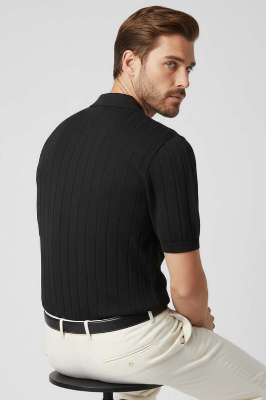 T-shirt en mercerisé noir à col polo avec fermeture éclair